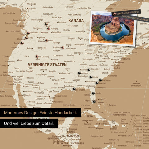 Weltkarte in der Equal-Earth-Projektion als Pinnwand in der Farbe Treasure Gold, auf der Reiseziele in den USA und Kanada mit Pins markiert sind