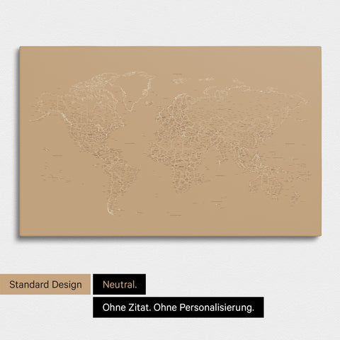 Schlichte Weltkarte FINELINE als Pinnwand-Leinwand in Farbe Treasure Gold ohne Personalisierung