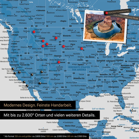 Detailreiche Weltkarte als Pinnwand in Blau zur Markierung von bis zu 2.600 Reisezielen in den USA, Kanada und Mexiko, Ideal für die visuelle Darstellung vergangener Reisen und zukünftiger Reisepläne