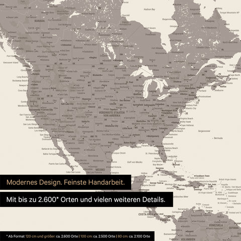 Pinnen von Reisezielen auf einer magnetischen Weltkarte als Magnetposter in Warmgray (Braun-Grau)