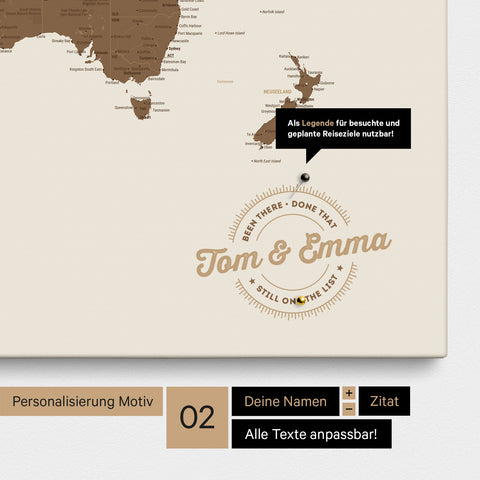 Personalisierte Weltkarte als Pinnwand Leinwand in Multicolor Brown mit eingedruckten Namen und einer Legende zur Markierung von besuchten Orten