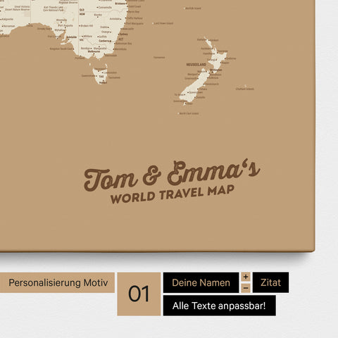 Weltkarte als Pinnwand Leinwand in Treasure Gold mit Personalisierung und Eindruck von deinen Namen