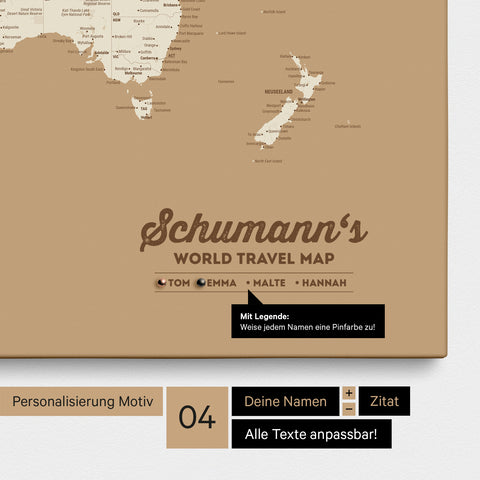 Pinnwand Leinwand einer Weltkarte in Treasure Gold mit Personalisierung als Logo mit Familiennamen und Legende