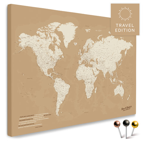 Hochwertige Weltkarte in Treasure Gold als PinnLeinwand, perfekt zum Markieren und Planen von Reisen, kaufen