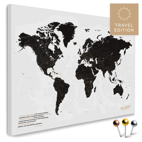 Hochwertige Weltkarte in Light Black (Weiß Schwarz) als PinnLeinwand, perfekt zum Markieren und Planen von Reisen, kaufen