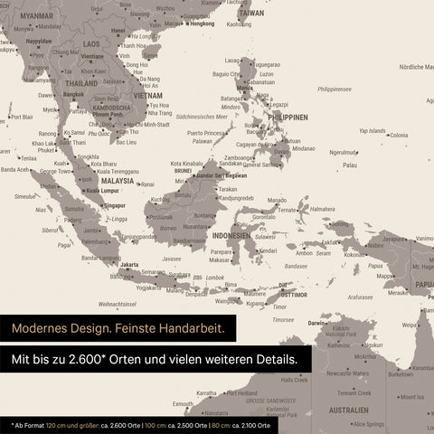 Ausschnitt aus Weltkarte Poster in Warmgray (Braun-Grau) zeigt Karten von Asien