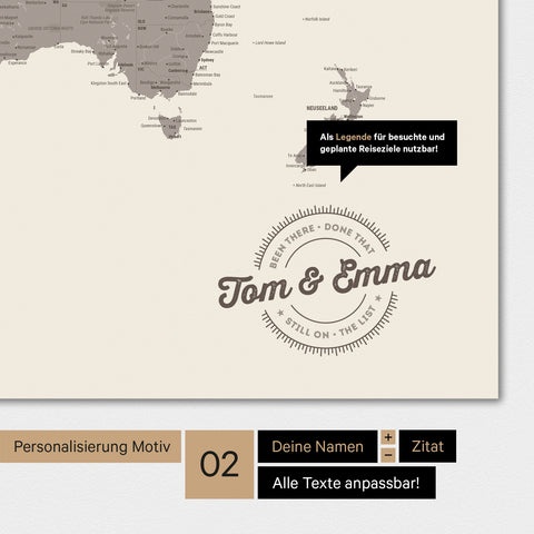 Alternatives Motiv für eine Personalisierung mit deinem Namen auf einer Weltkarte in Farbe Warmgray (Braun-Grau)