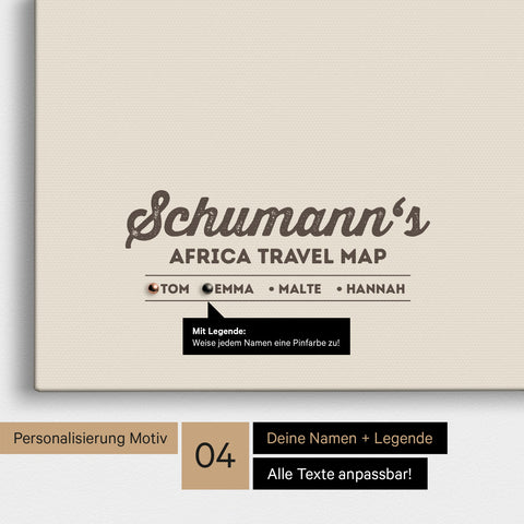 Pinnwand Leinwand einer Afrika-Karte in Warmgray (Braun-Grau) mit Personalisierung als Logo mit Familiennamen und Legende