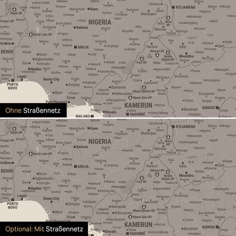 Landkarte von Afrika als Pinn-Leinwand in Warmgray (Braun-Grau) wahlweise mit oder ohne eingedrucktem Straßennetz