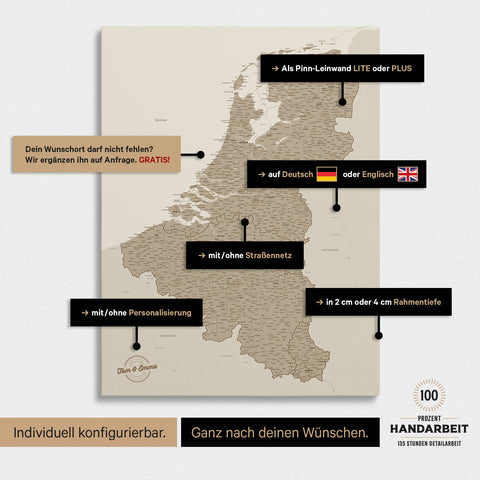 Beneluxkort TRAVEL® Canvas med nåle – Desert Sand