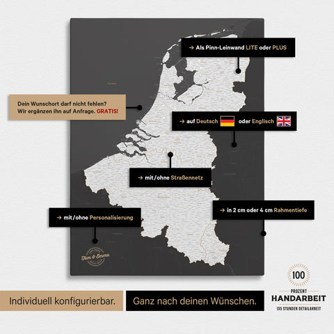 Beneluxkort TRAVEL® Canvas med nåle – Dark Gray (Dunkelgrau)