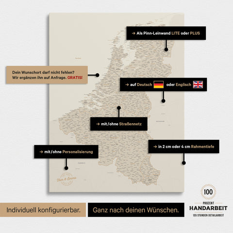 Beneluxkort TRAVEL® Canvas med nåle – Gold
