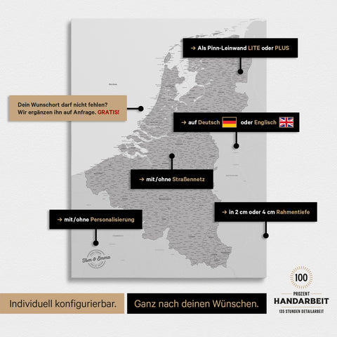 Beneluxkort TRAVEL® Canvas med nåle – Coolgray