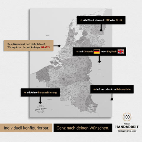 Beneluxkort TRAVEL® Canvas med nåle – Multicolor Gray
