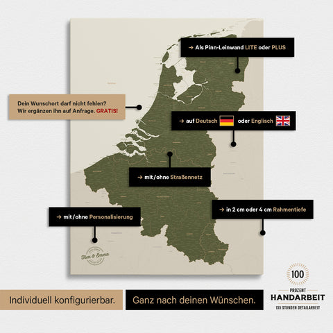 Beneluxkort TRAVEL® Canvas med nåle – Olive Grøn