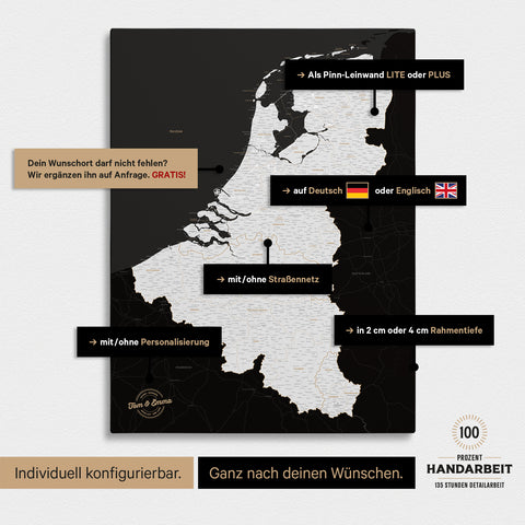 Beneluxkort TRAVEL® Canvas med nåle – Dark Black (Schwarz-Weiss)