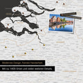 Benelux-Landkarte in Schwarz-Weiss als Leinwand zum Pinnen zeigt einen Ausschnitt von Seeland, Ostflandern und Antwerpen mit vielen Details wie Nationalparks, Flüssen und zahlreichen kleinen Orten und Städten, die teilweise mit Pins markiert sind