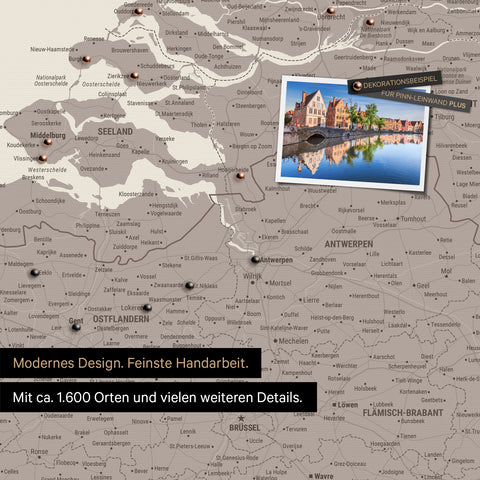 Benelux-Landkarte in Warmgray als Leinwand zum Pinnen zeigt einen Ausschnitt von Seeland, Ostflandern und Antwerpen mit vielen Details wie Nationalparks, Flüssen und zahlreichen kleinen Orten und Städten, die teilweise mit Pins markiert sind