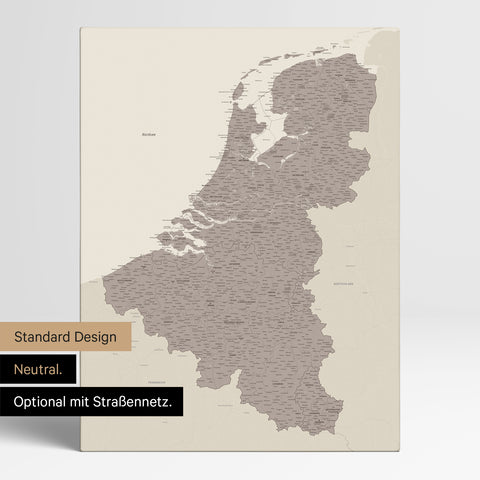 Neutrale Standard Ausführung der detaillierten Benelux-Karte als Pinnwand Leinwand in Warmgray ohne Personalisierung