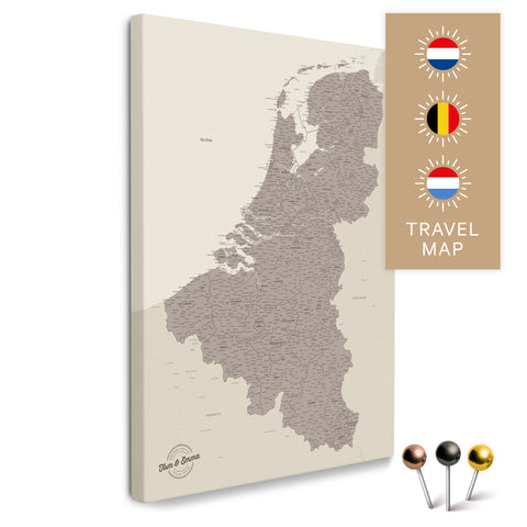 Benelux-Landkarte mit Niederlande, Belgien und Luxemburg in der Farbe Warmgray in einem modernen, minimalistischem Design als Leinwand zum Pinnen von Reisen und Orten