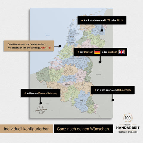 Politisk Beneluxkort TRAVEL® Canvas med nåle – Multicolor Atlas