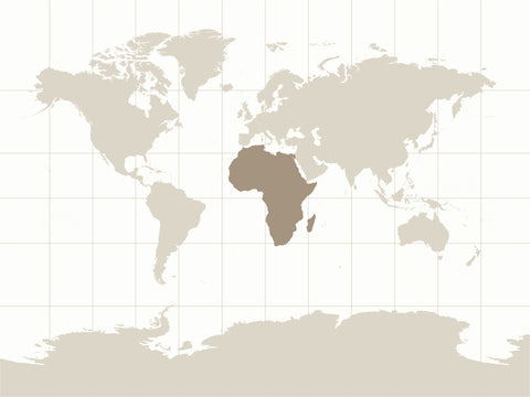 Grafik einer Mercator-Projektion von Breuers Weltkarten. Afrika ist farblich hervorgehoben, um die Proportionen dieser Projektion hervorzuheben.