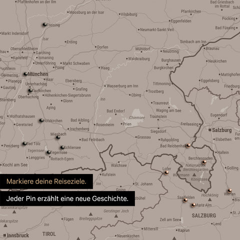 Detail einer DACH-Karte als Pinn-Leinwand in Warmgray (Braun-Grau) mit Pins in Deutschland, Österreich und Schweiz