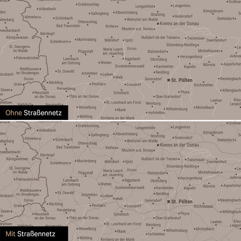 DACH-Karte Leinwand in Warmgray (Braun-Grau) wahlweise mit oder ohne Straßennetz