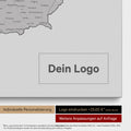DACH-Karte als Pinn-Leinwand in Hellgrau mit Eindruck eines Firmenlogos