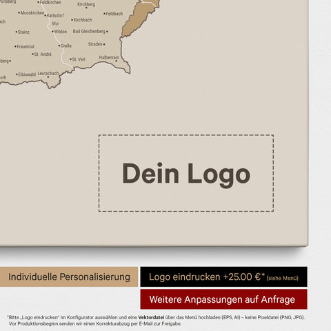 DACH-Karte als Pinn-Leinwand in Multicolor Beige mit Eindruck eines Firmenlogos
