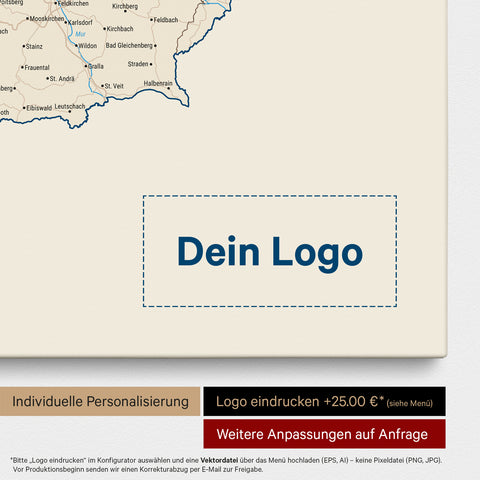 DACH-Karte als Pinn-Leinwand in Multicolor Classic mit Eindruck eines Firmenlogos