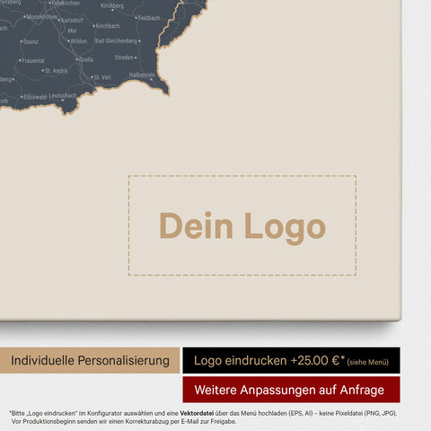 DACH-Karte als Pinn-Leinwand in Navy Light mit Eindruck eines Firmenlogos