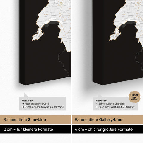 DACH-Karte TRAVEL® Pinn-Leinwand – Dark Black (Schwarz-Weiß)