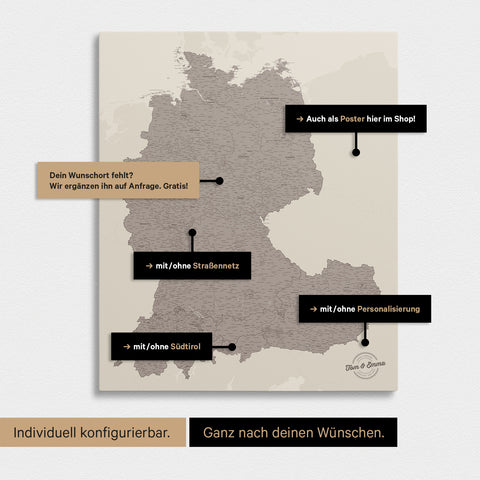 Vielfältige Konfigurationsmöglichkeiten einer DACH-Karte in Warmgray (Braun-Grau)