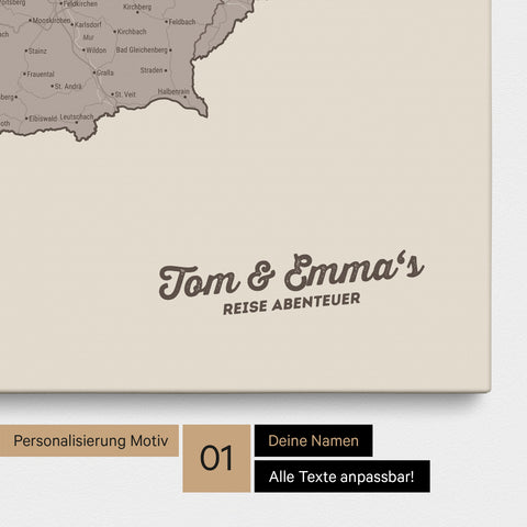DACH-Karte als Pinnwand Leinwand in Warmgray (Braun-Grau) mit Personalisierung und Eindruck mit deinem Namen