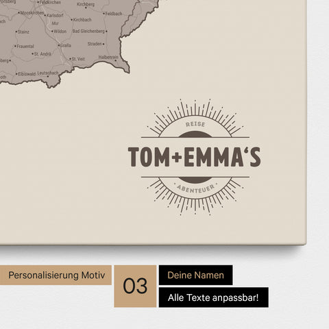 DACH-Karte als Pinn-Leinwand in Warmgray (Braun-Grau) mit eingedruckten Namen als Logo in Form einer Sonne