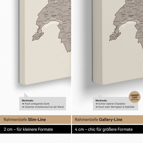DACH-Karte TRAVEL® Pinn-Leinwand – Warmgray (Braun-Grau)