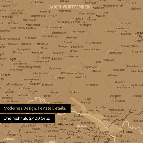 Ausschnitt einer DACH-Karte als Poster von Baden-Württemberg und Schweiz mit Pins zur Markierung von besuchten Reisezielen