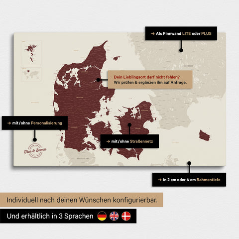 Vielfältige Konfigurationsmöglichkeiten einer Dänemark-Karte als Pinn-Leinwand in der Farbe Bordeaux Rot