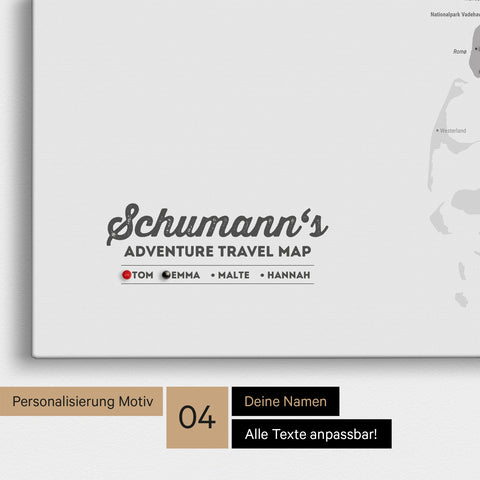 Detaillierte Dänemark-Karte als Pinn-Leinwand in Coolgray mit Personalisierung als Logo für die gesamte Familie