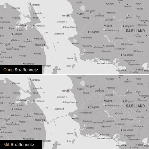 Dänemark-Karte Pinn-Leinwand in Coolgray mit optional  eingedrucktem Straßennetz aus Autobahnen und Landstraßen