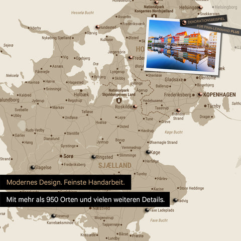 Ausschnitt einer Dänemark-Karte Pinn-Leinwand in der Farbe Desert Sand zeigt Reiseziele rund um Kopenhagen, die mit Pins markiert sind