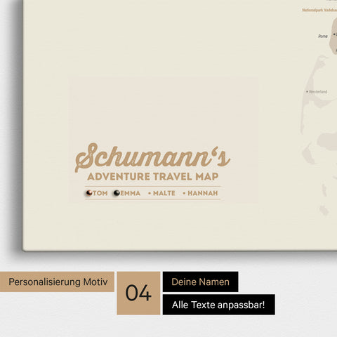 Detaillierte Dänemark-Karte als Pinn-Leinwand in Gold mit Personalisierung als Logo für die gesamte Familie