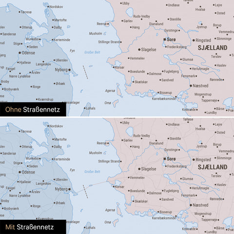 Politische Dänemark-Karte Pinn-Leinwand in Multicolor Atlas mit optional  eingedrucktem Straßennetz aus Autobahnen und Landstraßen