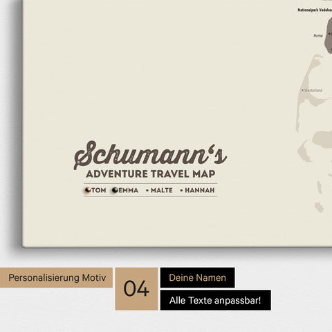 Detaillierte Dänemark-Karte als Pinn-Leinwand in Warmgray (Braun-Grau) mit Personalisierung als Logo für die gesamte Familie