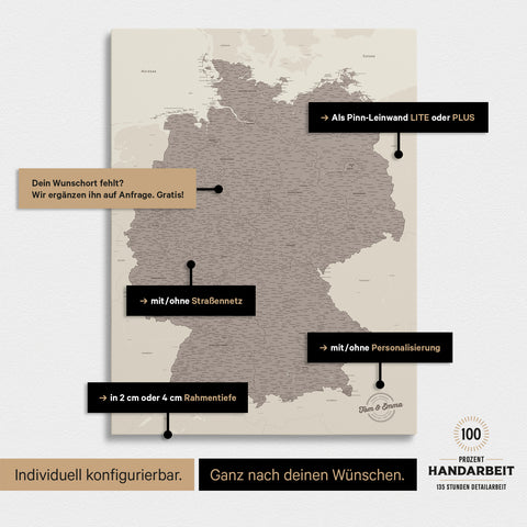 Vielfältige Konfigurationsmöglichkeiten einer Deutschland-Karte als Pinn-Leinwand in Warmgray
