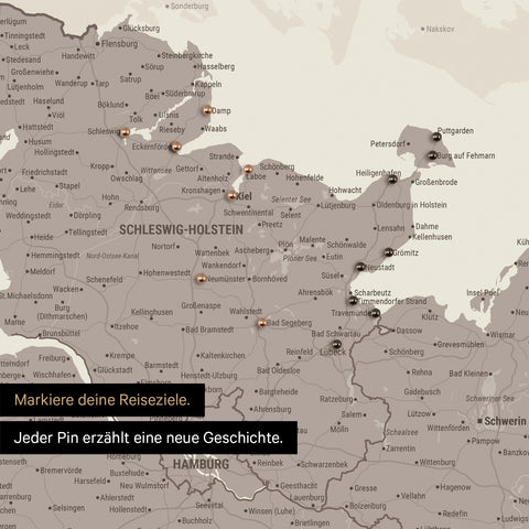 Detail einer Deutschland-Karte als Pinn-Leinand in Warmgray (Braun-Grau) mit Pins in Schleswig-Holstein