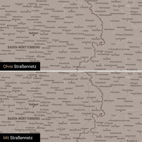 Deutschland-Karte Leinwand in Warmgray (Braun-Grau) wahlweise mit oder ohne Straßennetz