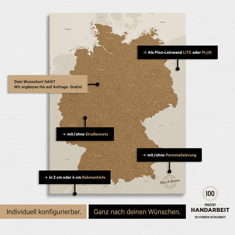 Vielfältige Konfigurationsmöglichkeiten einer Deutschland-Karte als Pinn-Leinwand in Bronze