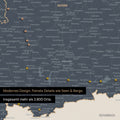 Ausschnitte einer Deutschlandkarte mit Bayern als Pinn-Leinwand in Navy Light mit Bergen, Seen und 2.500 Orten